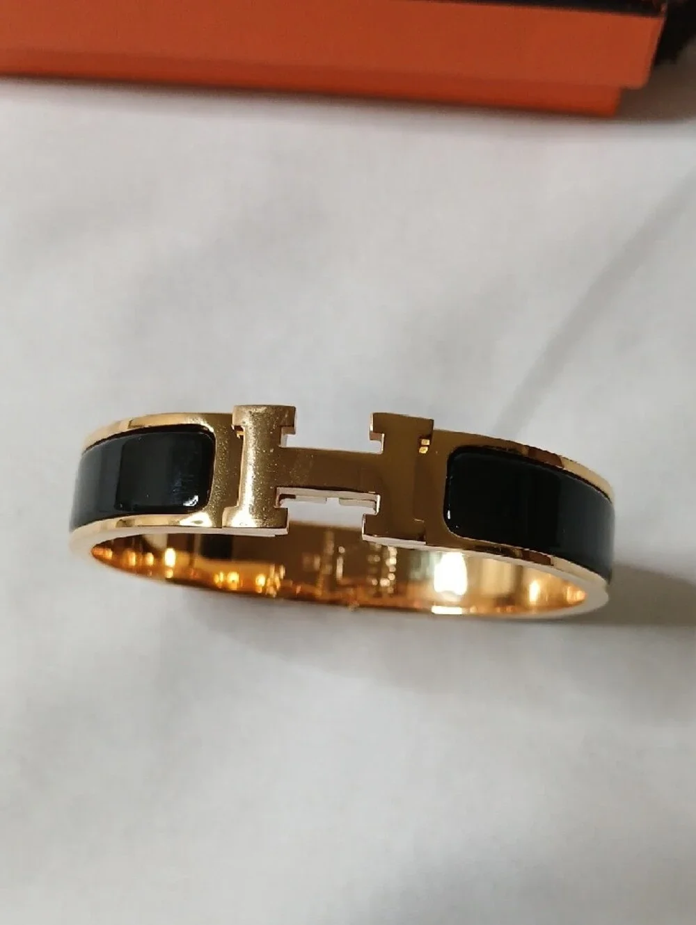 Hermes Gold and Black H-Logo Enamel Bangle